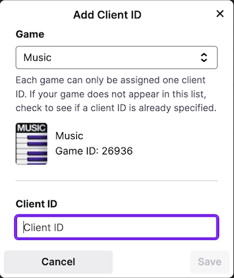 Drops Settings - Add Client ID window