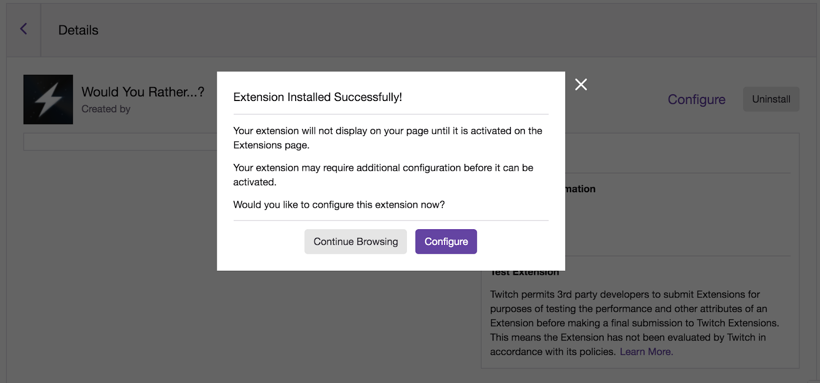 "Extension is installed" confirmation pop-up