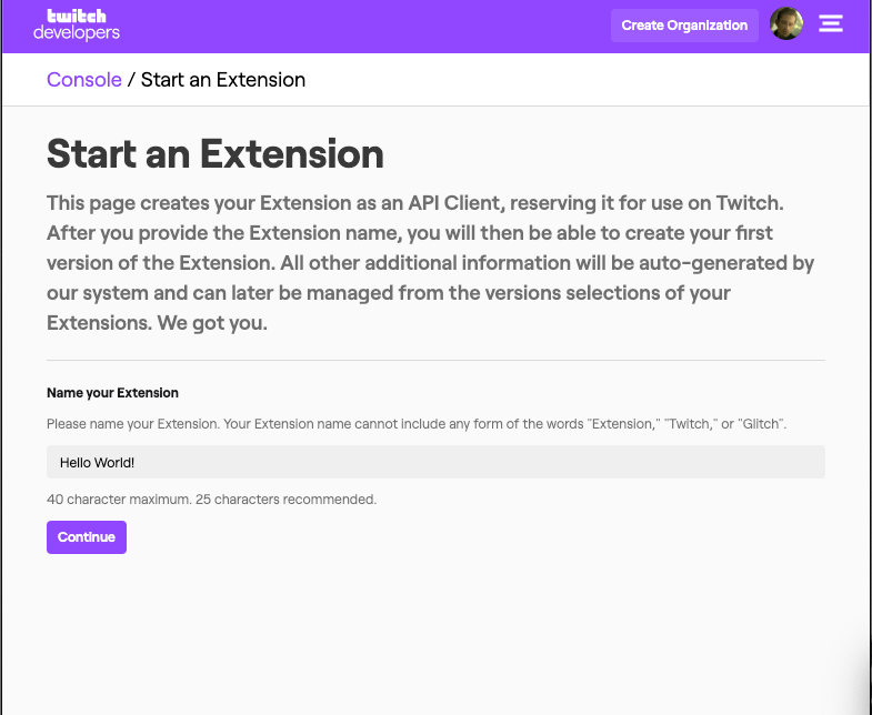 Console > Start Extension